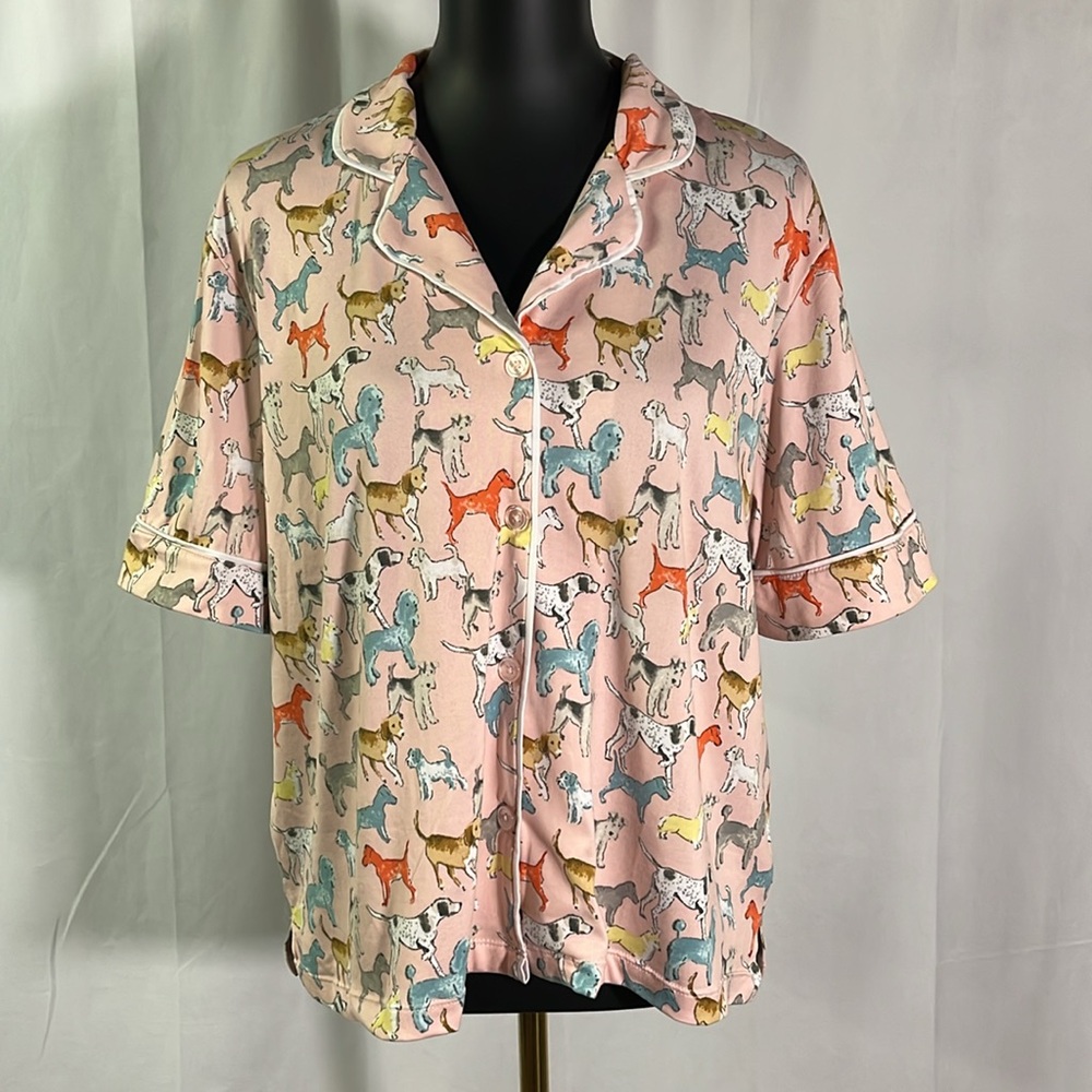 Beauty Sleep Social Pink Dog Print Short Sleeve Button Down Pajama Shirt